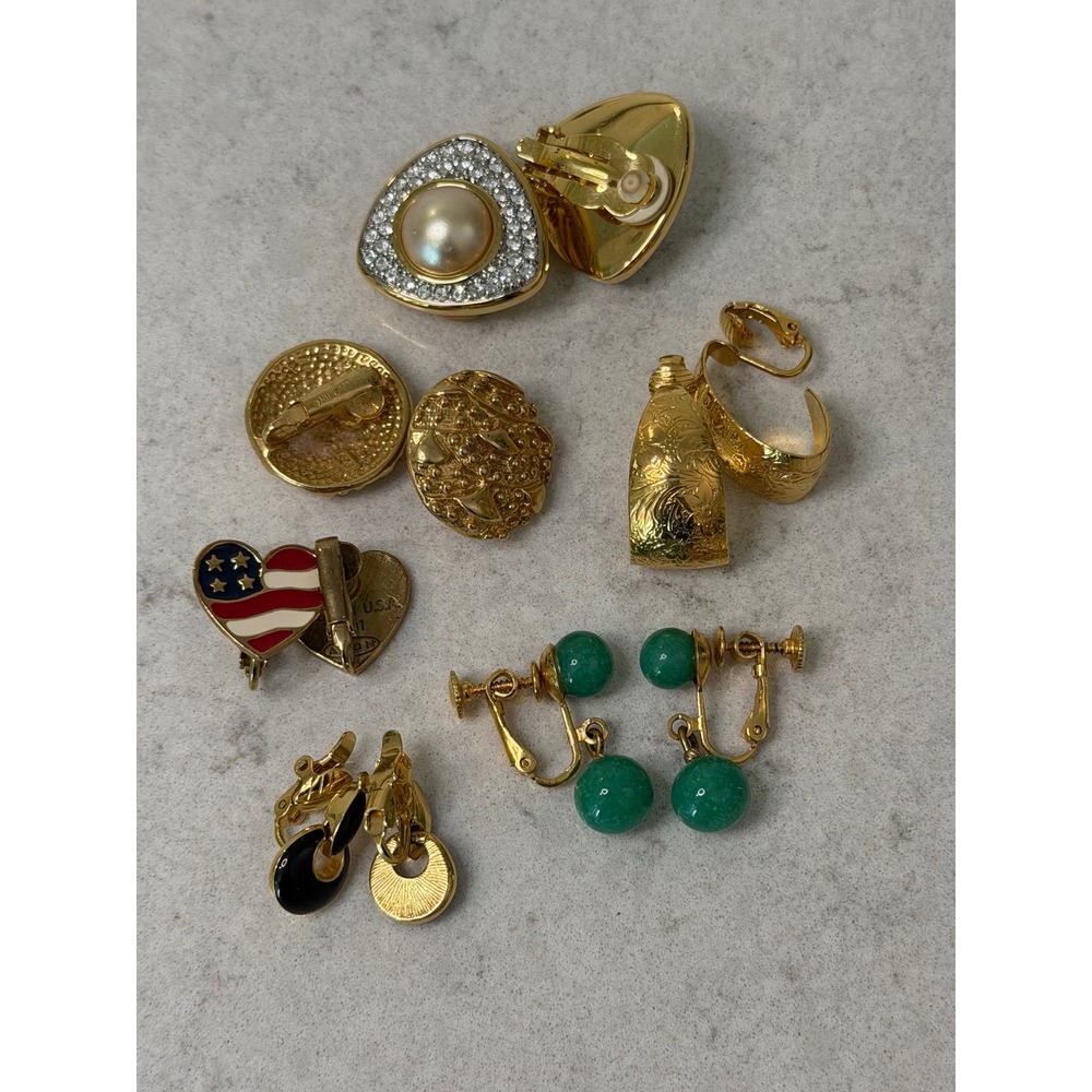 Vintage Clip On Earring Lot Gold Tone Pearl Rhinestone Enamel Floral 6 Pairs